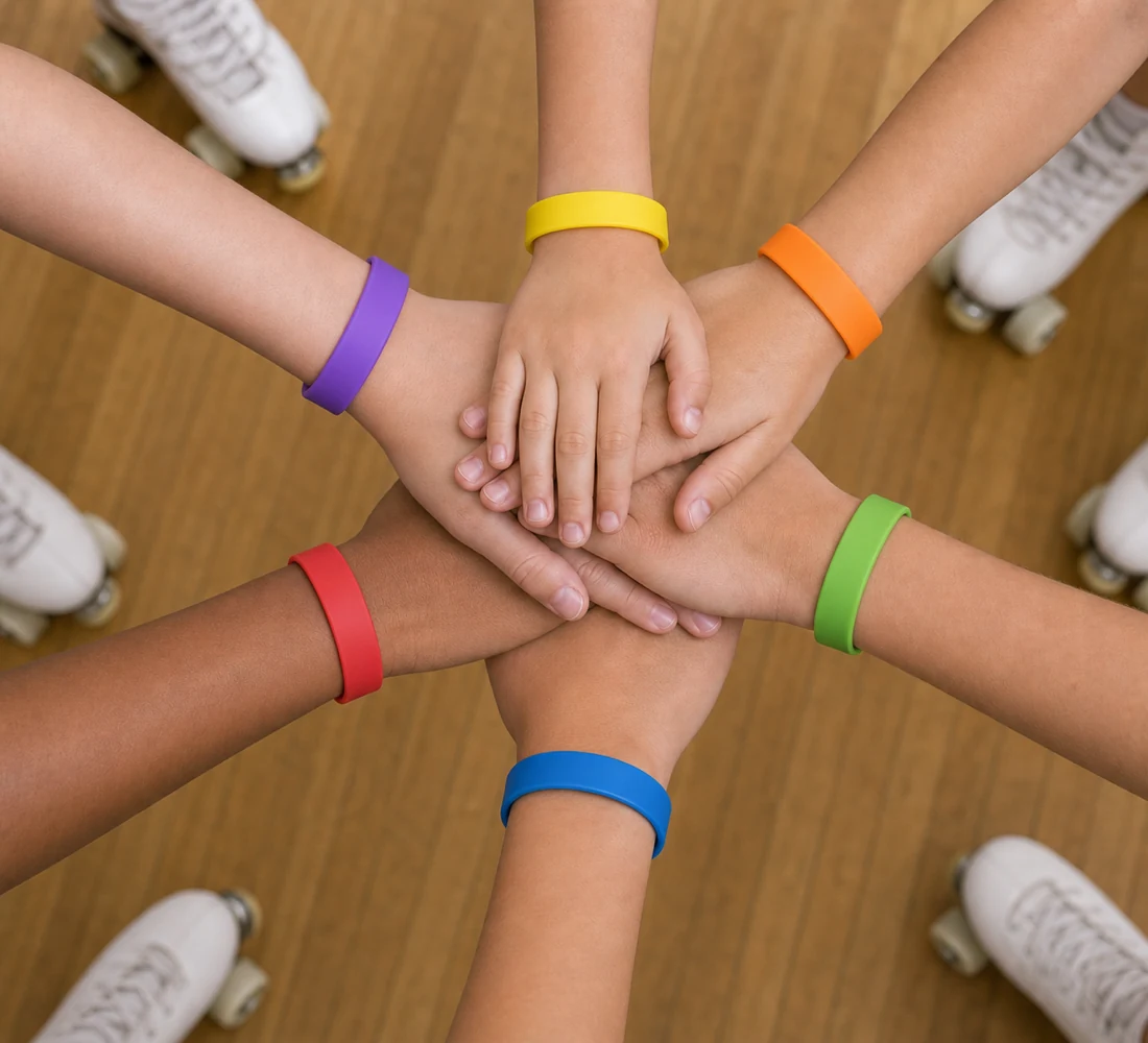 Six mains portant les bracelets du Parcours RollArt réunies au centre