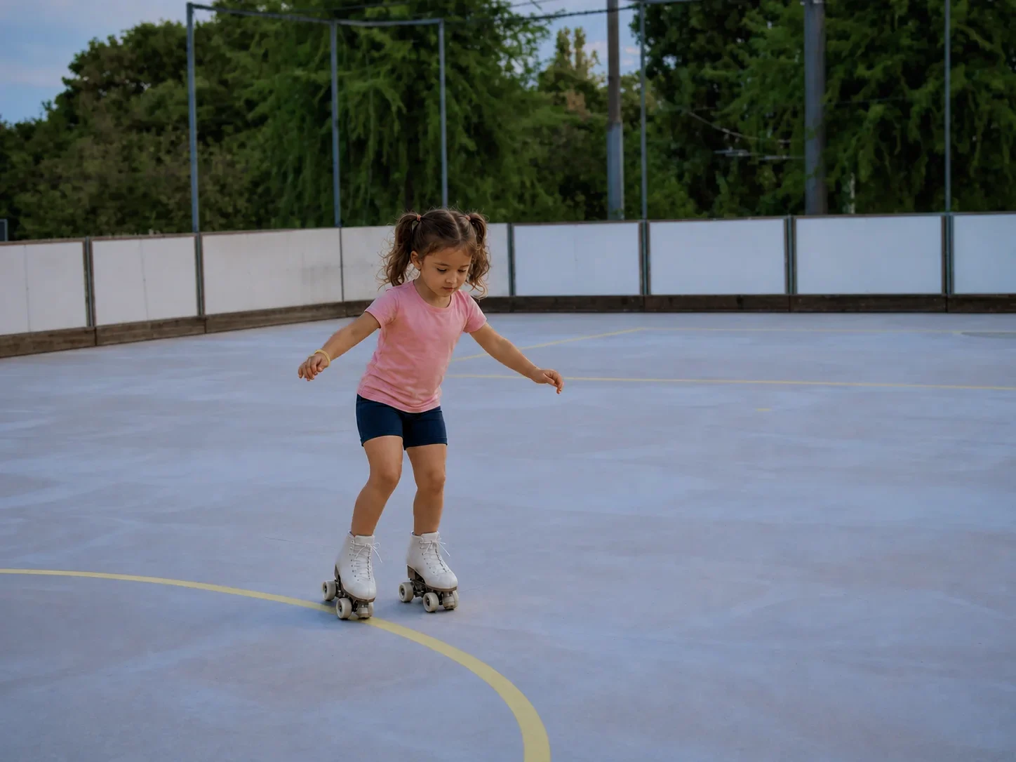 Une petite fille fait ses premiers pas sur ses patins