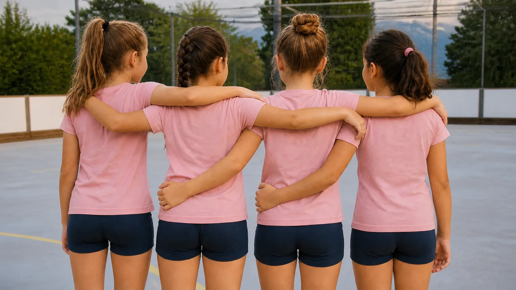 Quatre patineuses de dos, bras dessus bras dessous, en tenue du club