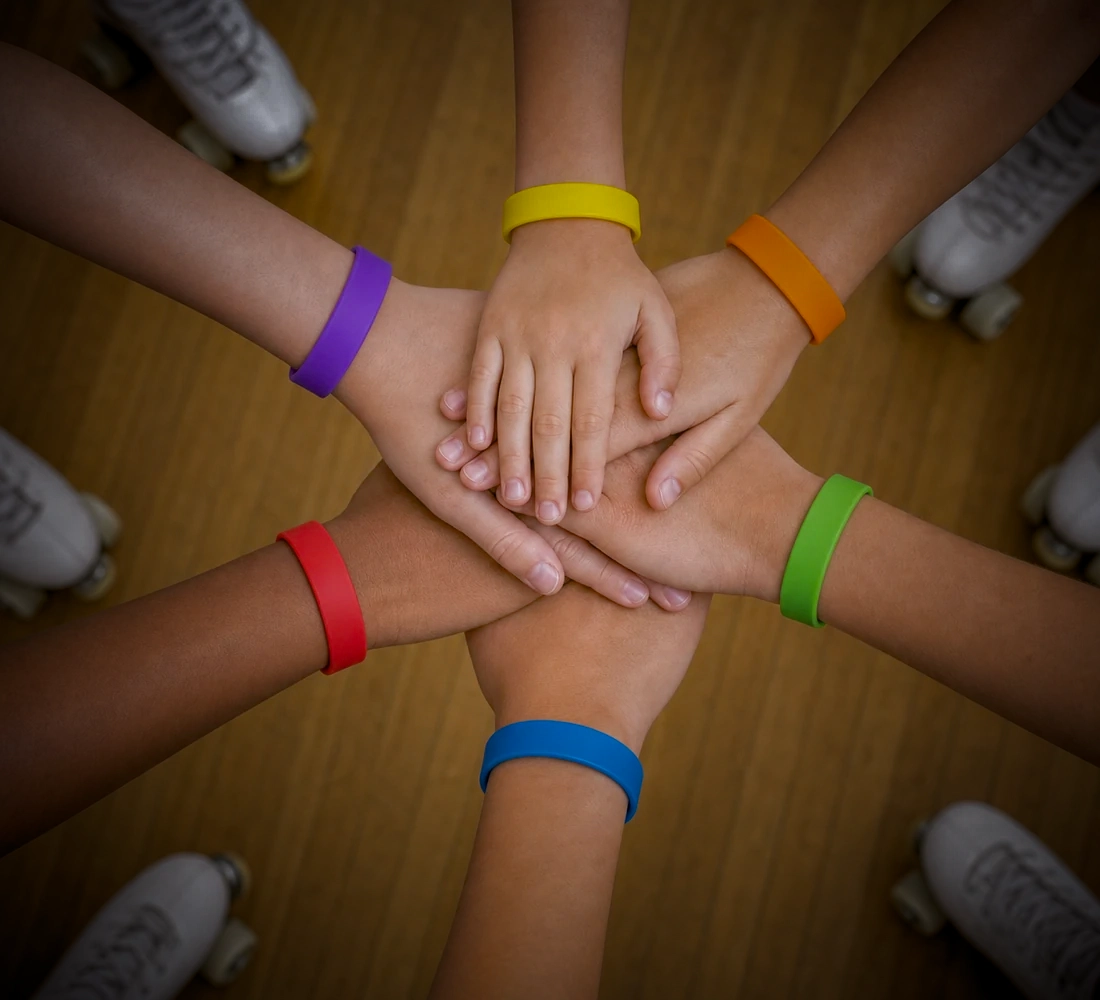 Six mains réunies, chacune portant le bracelet de son niveau